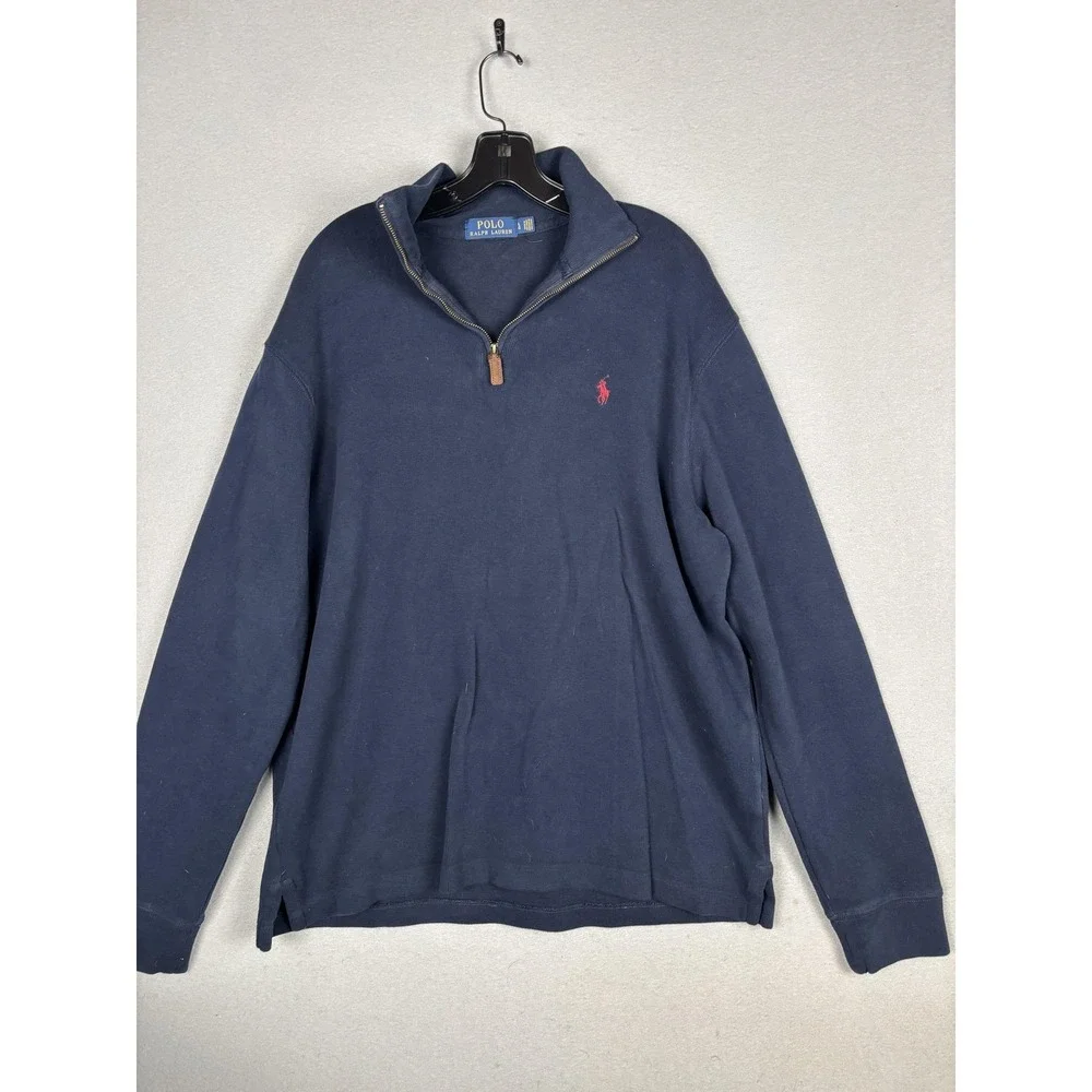 Polo Ralph Lauren Sweater Mens Large Blue 1/4 Zip Mock Neck Knit Pullover Logo